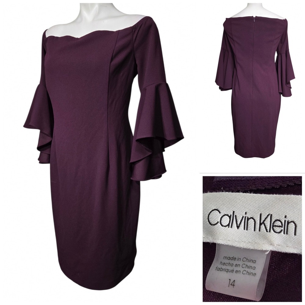 Calvin Klein Women Plum Purple Off The Shoulder Bell Sleeve Sheath Dress Size 14